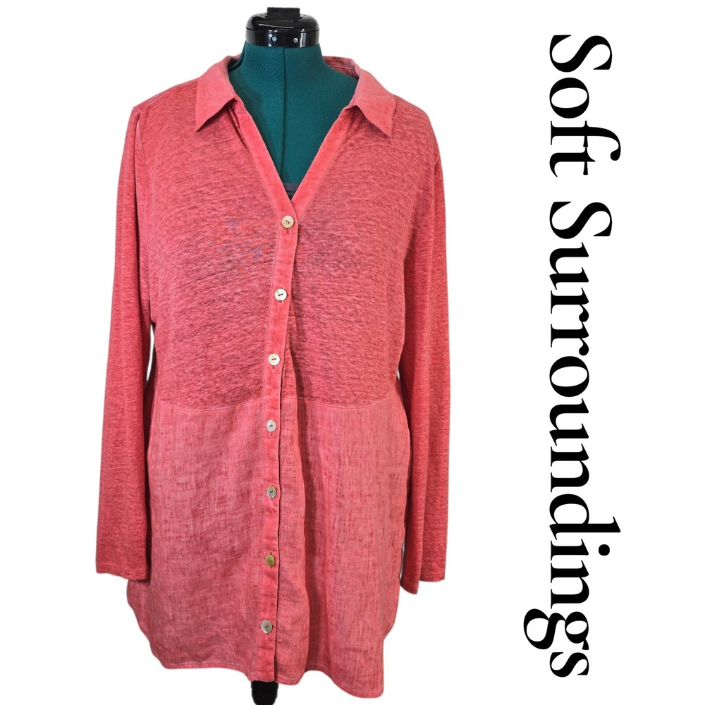 Soft Surroundings Womens Large Coral Pink 100% Linen Mixed Media Button Up Tunic